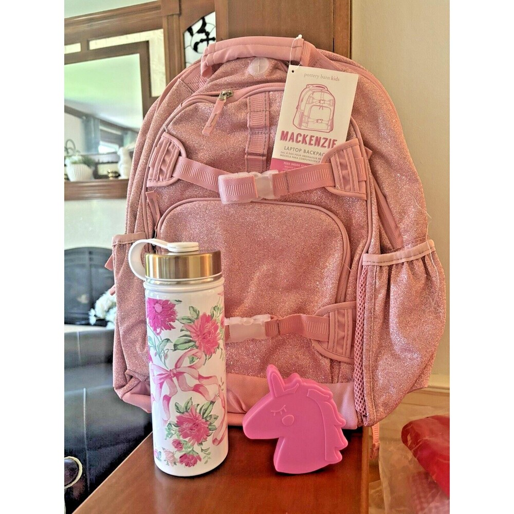 School Pottery barn kids LARGE BACKPACK LUNCH WATER Glitter Floral Bag Travel . - Picture 2 of 16